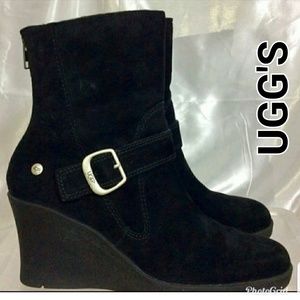 Uggs Black Suede Wedge Sheep Skin Winter Boots-9